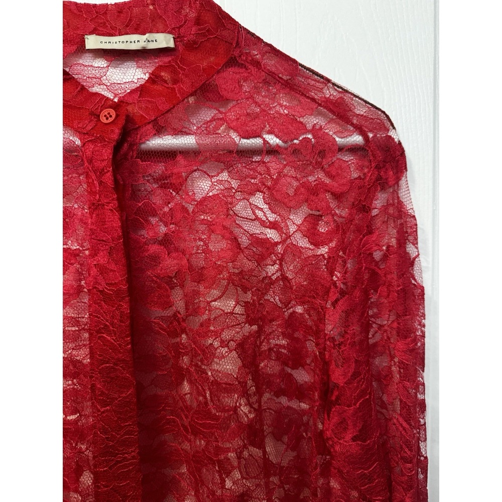 Christopher Kane Womens S Red Floral Lace Sheer Button Front Long Sleeve Blouse - Picture 8 of 10